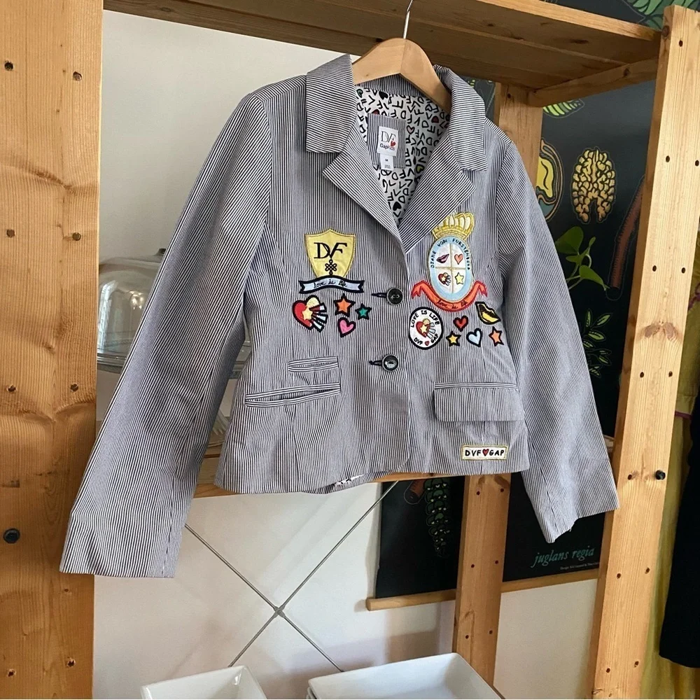 Diane von Furstenberg X Gap Kids Blue Striped Blazer with Patches Medium
